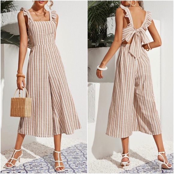 BellanBlue Pants - Boho Stripes Ruffle Wide leg Tie Back Jumper Jumpsuit